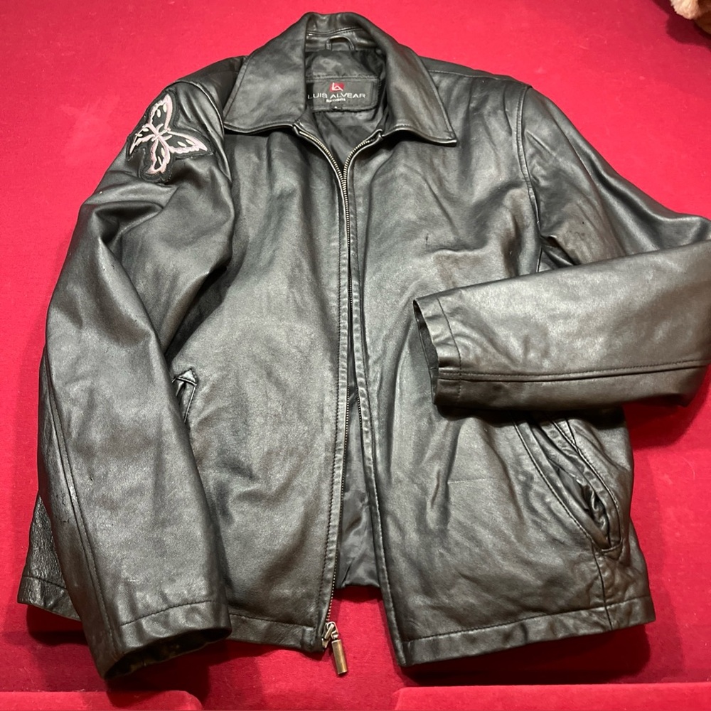 Luis Alvear Black Leather Zip Up Moto Biker Jacket Butterfly Arm Patch Women’s S